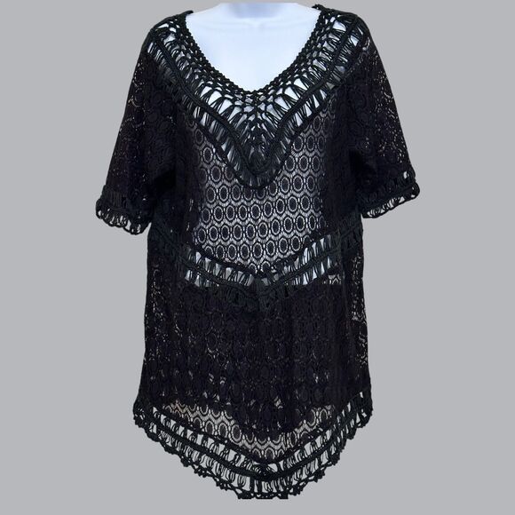 Womens Open Knit Coverup Beach Top Tunic XL Black Festival Goth Witchy Fairy - Picture 1 of 7